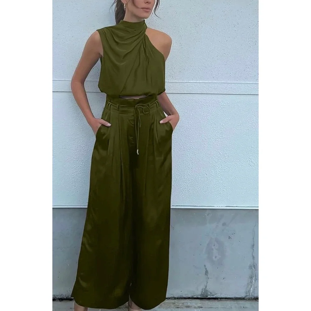 Olive Green Two Piece Set Mock Neck Crop Top & Wide Leg Paperbag Pants Medium
